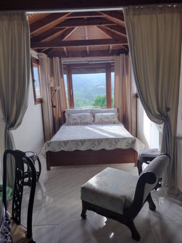 een slaapkamer met een bed, een stoel en een raam bij ΖΕΦΥΡΟΣ in Litóchoron