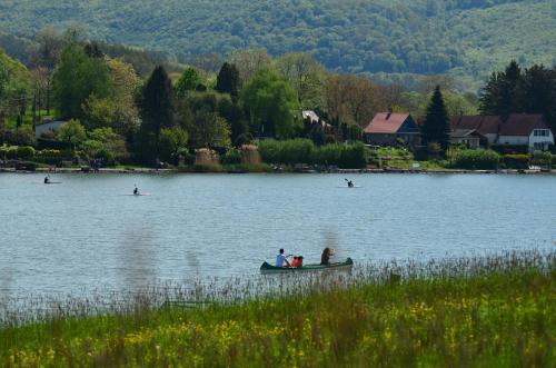 a group of people in a boat on a lake at Chilling On Orfű Apartman in Orfű