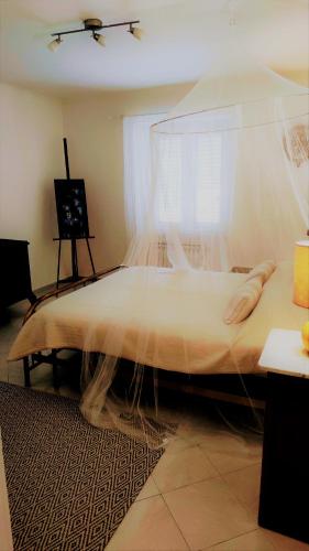 a bedroom with a bed with a mosquito net at Residenza Bertolini in Fosdinovo