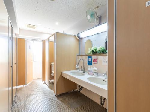 a bathroom with a sink and a mirror at Omotenashi Hostel Miyajima in Hatsukaichi