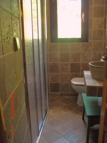y baño con ducha, aseo y lavamanos. en Casa del Abuelo 1, en Yeste