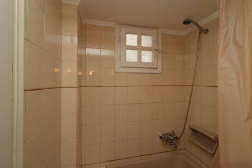 baño con bañera y ducha con ventana en Villa Aristea en Kalo Chorio