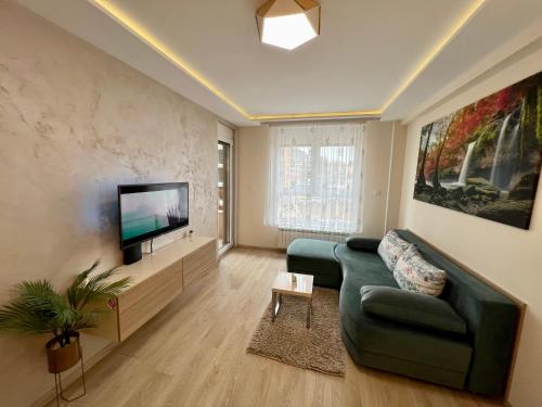 a living room with a green couch and a flat screen tv at Apartmani SLEEP&JOY in Zlatibor