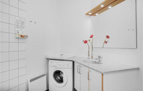 ein weißes Badezimmer mit einer Waschmaschine und einem Waschbecken in der Unterkunft Gorgeous Home In Nrre Nebel With Wifi in Lønne Hede
