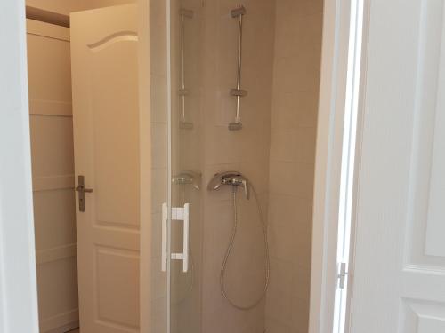 un bagno con doccia con porta in vetro di Petit Lac a Duingt