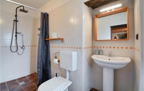a bathroom with a sink and a toilet and a mirror at Lovely Apartment In Monastero Bormida in Monastero Bormida