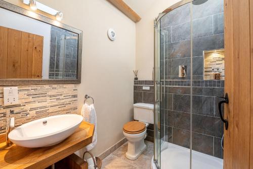 ein Bad mit einem Waschbecken, einem WC und einer Dusche in der Unterkunft The Hideaway - Luxury Cottages in York