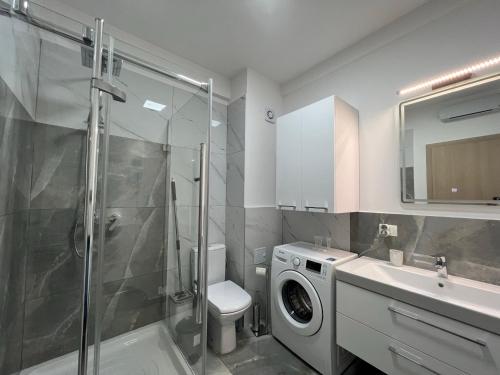 une salle de bain avec un lavabo et une machine à laver dans l'établissement Gala Residence Baile Felix, à Cordău