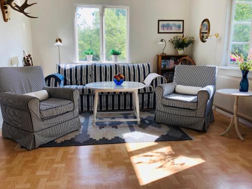 a living room with two chairs and a table at Svartarp Gård in Åseda