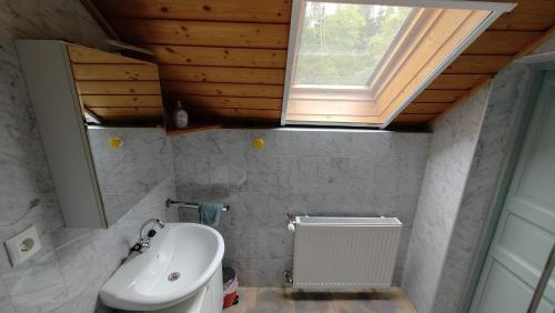 a bathroom with a sink and a window at Fuchsbauerhof - Ferienwohnung in Kniezenberg