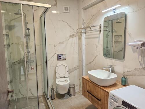 ein Bad mit einer Dusche, einem Waschbecken und einem WC in der Unterkunft Andes Apartments in Ioannina