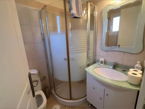 y baño con ducha, lavabo y aseo. en Maisonette sea view , Finikounda, en Finikounta