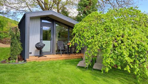 una pequeña cabaña en un patio con un árbol en Sauerland-Tinyworld - Ihr Tiny Ferienhaus im Sauerland am Diemelsee en Diemelsee