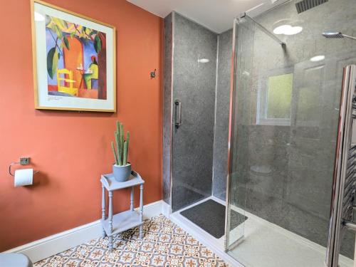 a shower in a bathroom with an orange wall at Foxhills of Shanklin in Shanklin