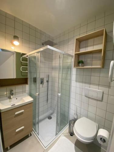 une salle de bain avec une douche, des toilettes et un lavabo dans l'établissement Maison 200m2- 9 chambres avec sdb - 16-18 personnes - séminaire-Proche Centre-Ville-Gare et Arena-terrasse, à Reims