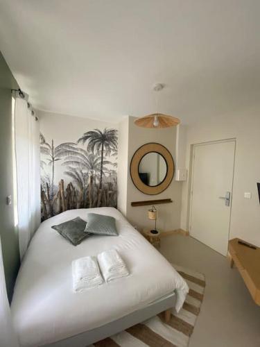 une chambre avec un lit avec deux oreillers et un miroir dans l'établissement Maison 200m2- 9 chambres avec sdb - 16-18 personnes - séminaire-Proche Centre-Ville-Gare et Arena-terrasse, à Reims