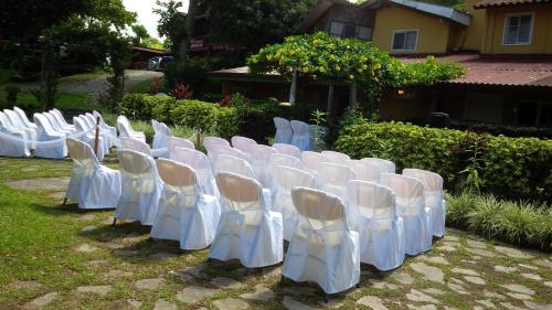 a row of white chairs lined up in a yard at Honduyate in Las Marías