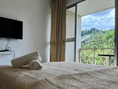 a bedroom with a bed and a large window at Country Side Modern Cottage Bukit Tinggi in Bentong