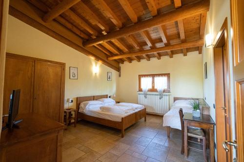 a bedroom with a bed and a desk and a tv at Azienda Agrituristica Armea in Desenzano del Garda