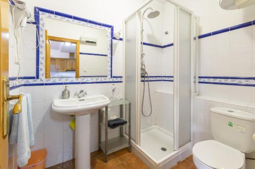 uma casa de banho com um chuveiro, um WC e um lavatório. em Carrebaix V em Orba