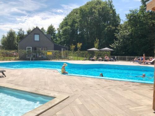 a dog is sitting in a swimming pool at Chalet 539 op Recreatiepark De Wielen in Sint Maarten