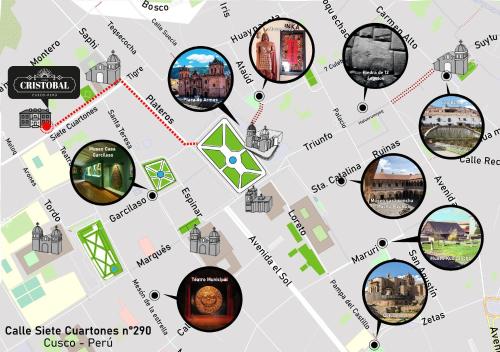 a map of different cities and landmarks at CASA CRISTOBAL Siete Cuartones in Cusco