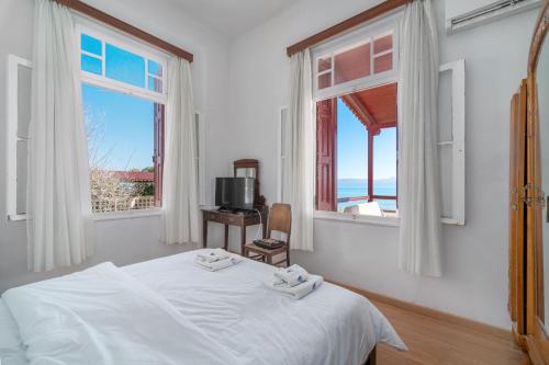 een slaapkamer met een bed, 2 ramen en een televisie bij Villa Angelos in Nerántza