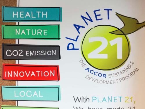 a group of signs with an apple on a wall at ibis budget Calama in Calama