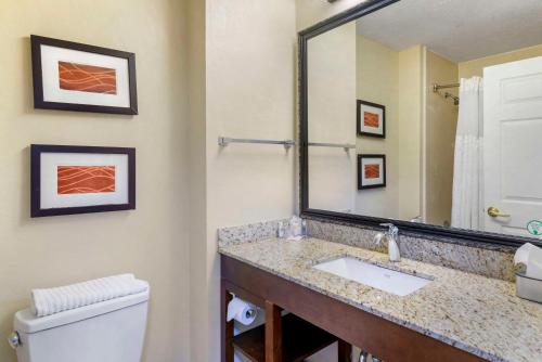a bathroom with a sink and a toilet and a mirror at Comfort Inn Columbus Near Fort Moore in Columbus