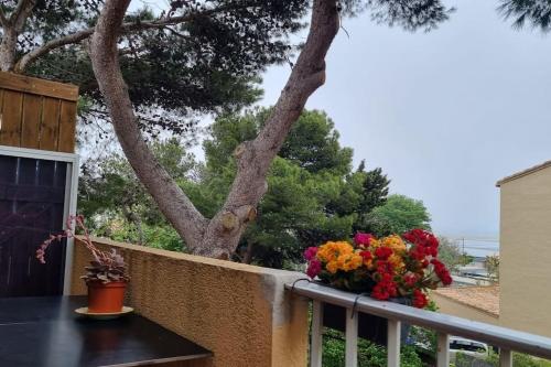 a balcony with a table and flowers on a fence at Résidence le Formentor in Leucate