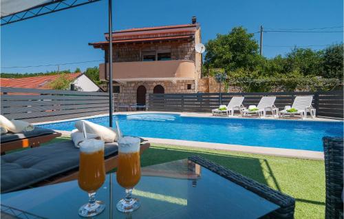 two glasses of beer on a table next to a swimming pool at Nice Home In Slivno With Outdoor Swimming Pool in Slivno
