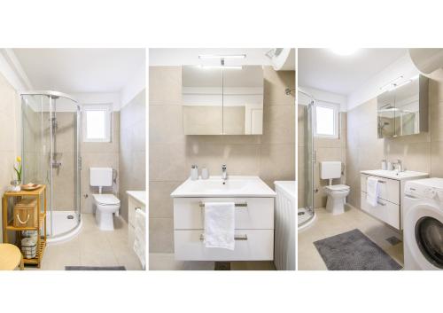 four images of a bathroom with a sink and a toilet at Holiday home Country retreat in Višnjan