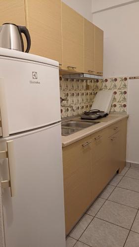 a kitchen with a white refrigerator and a laptop on a counter at Savvas in Olympic Beach