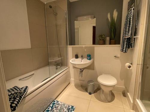 a bathroom with a sink and a toilet and a shower at Waterfront 2 bed apartment with views over Ipswich in Ipswich