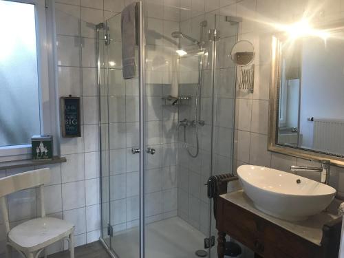 a bathroom with a shower and a sink at Ferienhaus Schillerstraße in Münsingen