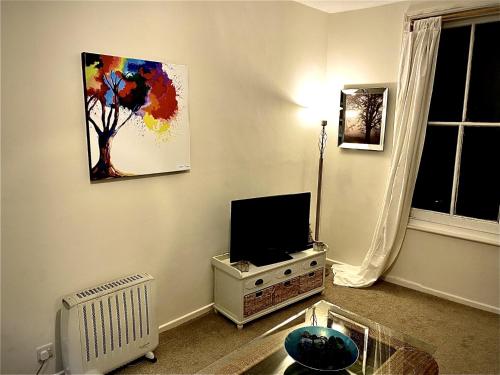 a living room with a flat screen tv on a stand at Apartment in Old Town near the beach in Hastings
