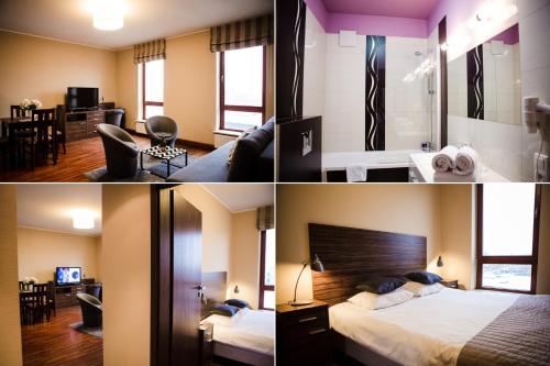 a collage of three pictures of a hotel room at Nowy Świat Apartments in Białystok