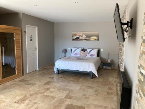 a bedroom with a white bed with pink pillows at La paisible du Verdon in Vinon-sur-Verdon
