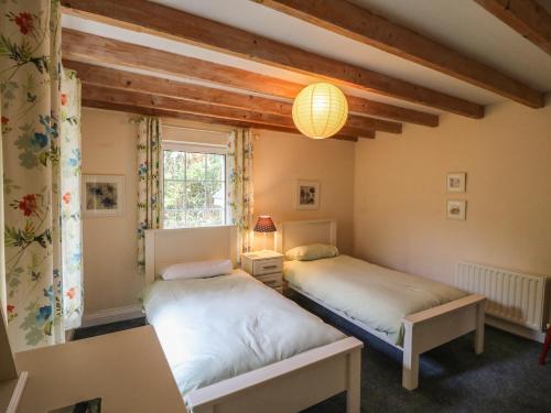 two beds in a room with a window at Whispering Pines in Bantry