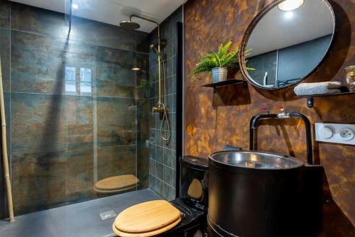 une salle de bain avec toilettes, lavabo et miroir dans l'établissement Dijon centre ville Design Le Terrot, à Dijon