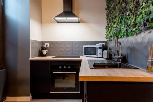 une cuisine avec un évier et un micro-ondes dans l'établissement Dijon centre ville Design Le Terrot, à Dijon