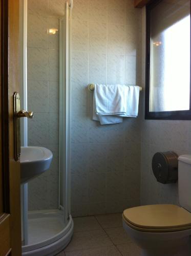 a bathroom with a shower and a toilet and a sink at Hostal Tio Pepe I in Bembibre