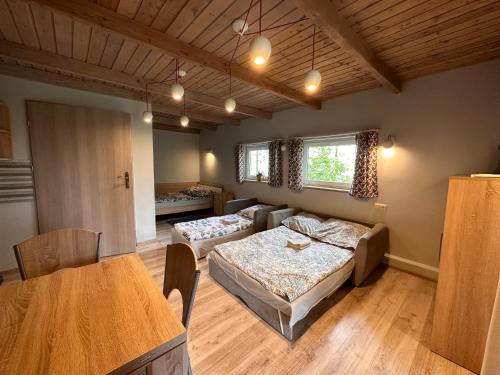 a living room with a bed and a table at Farma Albert Korzenie in Pruchnik-Miasto