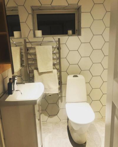 a bathroom with a toilet and a sink at Lilla huset med tennisbana 