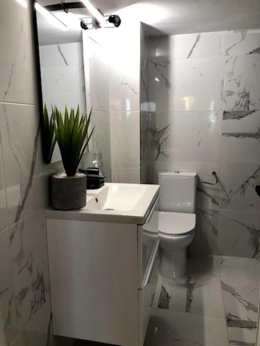 une salle de bain avec un lavabo, des toilettes et un miroir dans l'établissement Palais Gallia in Heart Monte Carlo 2 bed, 300m Casino Sq., à Beausoleil