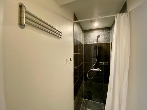 uma casa de banho com chuveiro e cortina de chuveiro em Gothersgade 101C em Copenhague