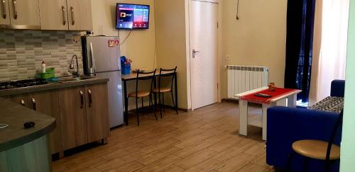 uma cozinha com um frigorífico e uma mesa com cadeiras em tamunas apartment em Tbilisi