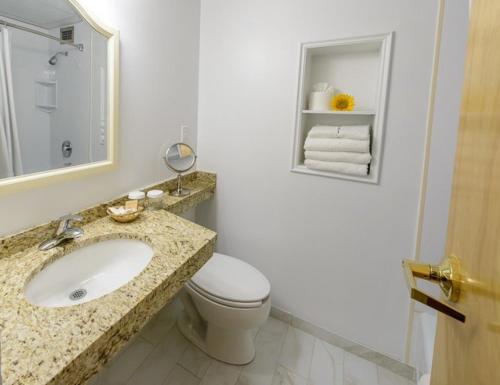 a bathroom with a sink and a toilet and a mirror at Norwalk Inn & Conference Center in Norwalk