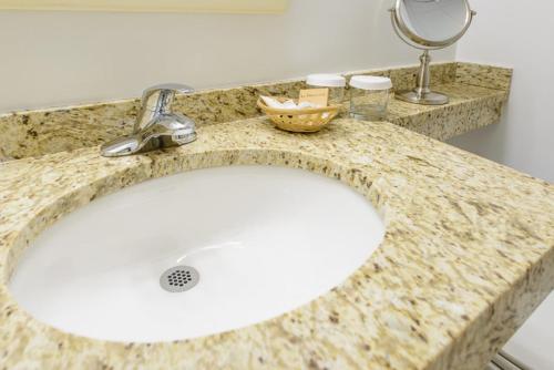 a bathroom counter with a sink and a mirror at Norwalk Inn & Conference Center in Norwalk