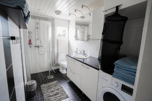 a bathroom with a sink and a washing machine at Iso ja viihtyisä asunto Pietarsaaressa in Pietarsaari